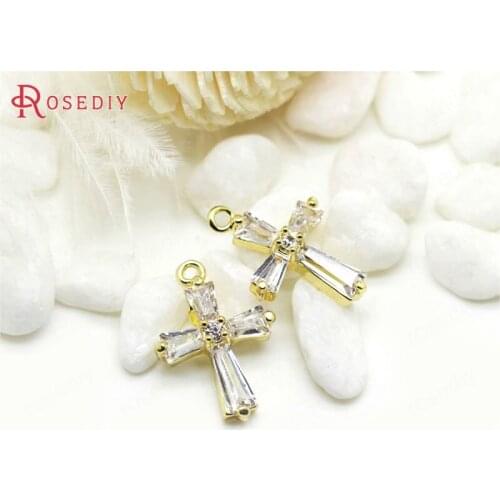 C169)4 pieces 18*13mm 24K Gold Color Brass with Zircon Cross Charms Pendants High Quality Diy Jewelry Findings Accessories