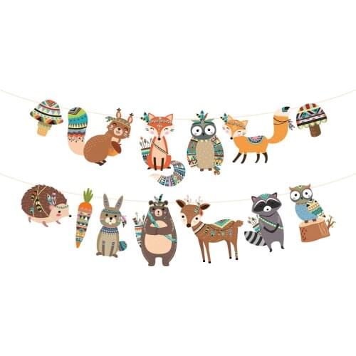 Cartoon Indian Wild Animals Happy Birthday Banner Woodland Party Cute Rabbit Fox Owl Raccoon Hanging Bunting Kids Party Favors
