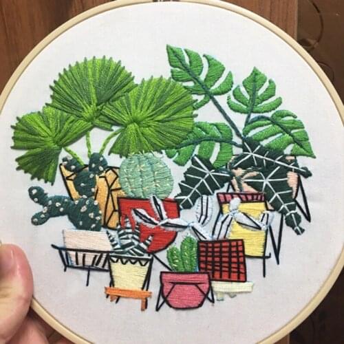 Cross Stitch Kit DIY Embroidery Plants Pattern Needlework for Beginner Ribbon Painting Embroidery Hoop Wall Decor Accessories