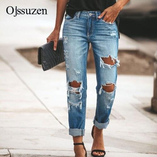 New 2021 casual ripped holes denim jeans women plus size summer straight jeans long female vintage Jeans plus size