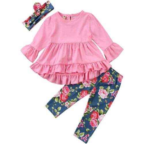 Pudcoco 2019 New Fashion Children Girls Clothes ruffle pink Tops +floral Pants Headband 3PCS Toddler Kids Clothing