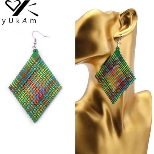 YUKAM Colorful African Square Wood Drop Earrings Boho Big Long Painted Earrings Handmade Natural Wooden Dangle Earring for Women