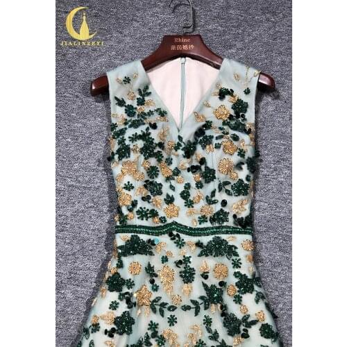 Rhine real Pictures Green V Neck Beads Fashion robe de soirée de mariage abendkleider платье на выпускной evening dresses