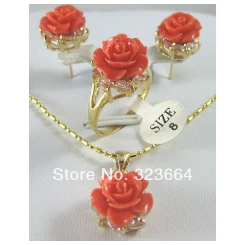 Plated Pink Rose coral flower Pendant Earring Ring Sets
