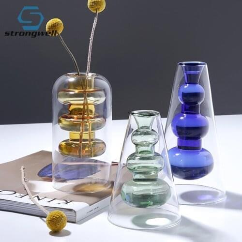 Strongwell Nordic Double Layer Glass Vases Desktop Decor Hydroponics Transparant Flower Vase Home Decoration Wedding Gift