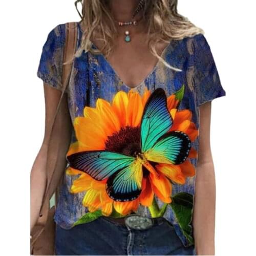Flower Butterfly Print Summer T Shirt 2021 Women Boho Casual Short Sleeve V-neck Loose Shirt Plus Size Streetwear Pullovers Tops
