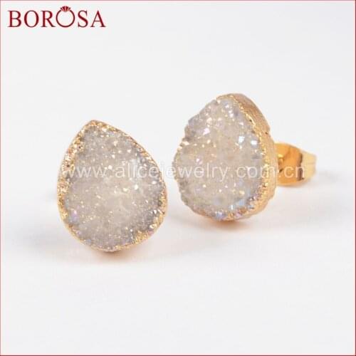 BOROSA Teardrop Natural Stone Titanium Multi-color Druzy Drusy Geode Gold Bezel Stud Earrings Druzy jewelry for Women G0912