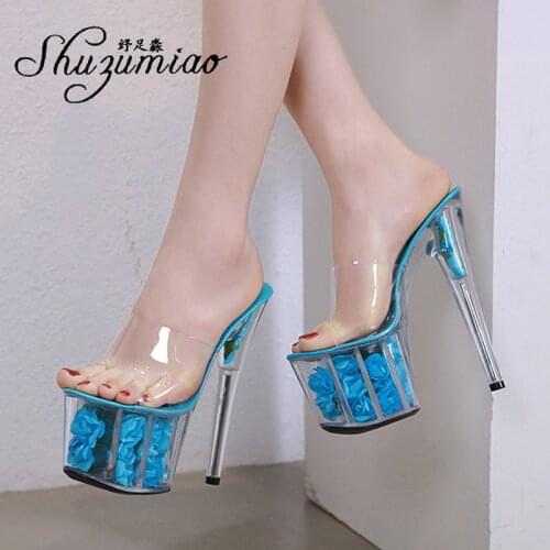 Women High Platform Slippers Super High Heels 17cm Sandals Luxury Transparent Rose Crystal Rhinestone Platforms Outdoor Slides