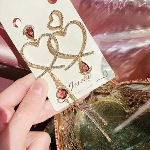 Women Drop Earrings Jewelry Classy Lady Asymmetric Earrings Baroque Heart Earrings Inlaid with Water Drop Color Rhinestone
