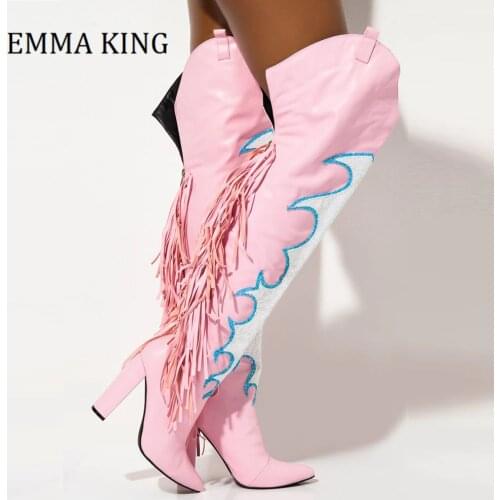New Women Pink Western Tassel Over The Knee High Boots Pointed Toe CowGirl Long Booties Sexy High Heel Women Winter Shoes 2020