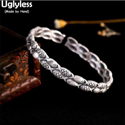 Uglyless Line up to swim Fishes Bangles for Women 2 Layers Genuine 999 Full Silver Animals Open Bangle Thai Silver Gifts Jewelry