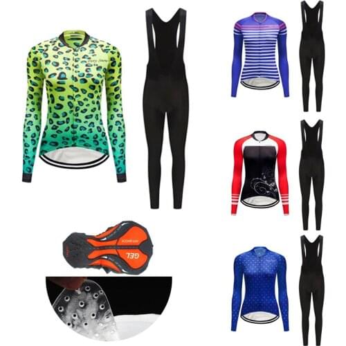 2021 Women Bike Jersey Set BIB Gel Pants Fashion Cycling Clothing MTB Suit Female Bicycle Clothes Long Sleeve Dress Uniform Kit