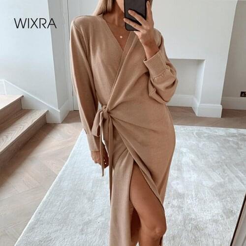 Wixra Womens Knitted Dress Sashes Autumn Winter Loose Elegant Party Dress V Neck Knitwear Robe Ladies Streetwear