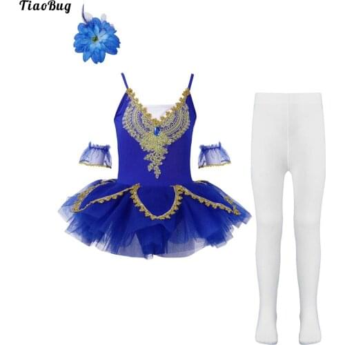 Kids Girls Ballet Dancewear Sleeveless Straps Patchwork Style Tutu Dress Stretchy Stockings Flower Hairpin Mesh Elastic Bracelet