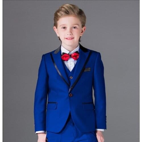 Custom One Button Boy Tuxedos Blue 2020 Peak Lapel Children Suit Royal Blue/Red/Black Kid Prom Suits (Jacket+Vest+Pants+Tie)