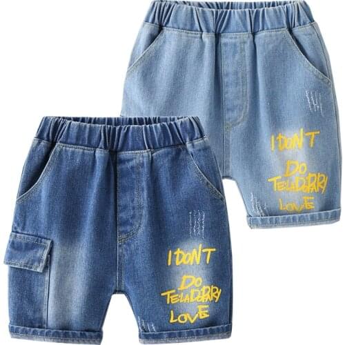 Summer Boys Denim Shorts Letter Elastic Waist Knee Length Girls Jean Pant Quality Cotton Children Trousers Kids Clothes