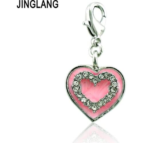 JINGLANG Fashion Lobster Clasp Charms Dangle Rhinestone Enamel Double Heart Pendants Charm For Jewelry Making DIY Accessories
