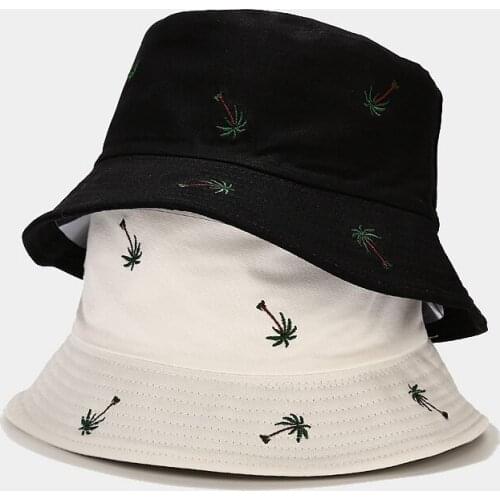 2021 New Trendy Coconut Tree Embroidered Fisherman Hat For Men And Women Outdoor Leisure Sun Protection Sunshade Cap