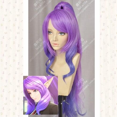 LOL Janna Purple Pink Mix Culy Long Cosplay Wig With 100cm Chip Ponytail + Wig Cap