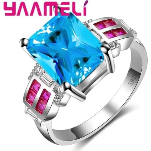 Fashion Pop Modern Style Geometric Pattern Square Blue Magenta Crystal Stone 925 Sterling Silver Ring Christmas