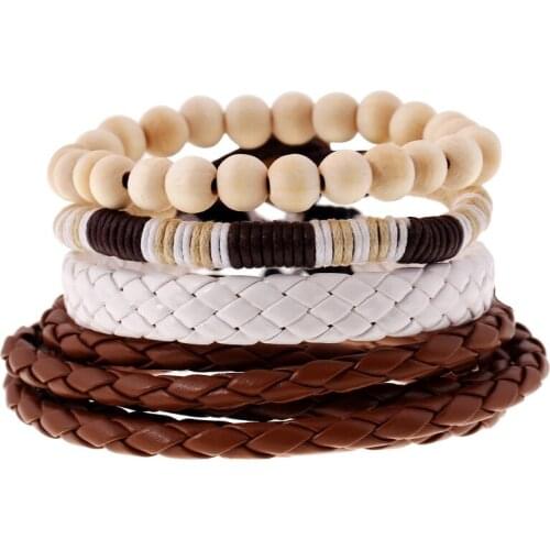 Men Women Handmade Bracelet 1 set Buddha Wood Beads Cord String Rope Faux Leather Braid Boho Bangles Man Jewelry Dropshipping