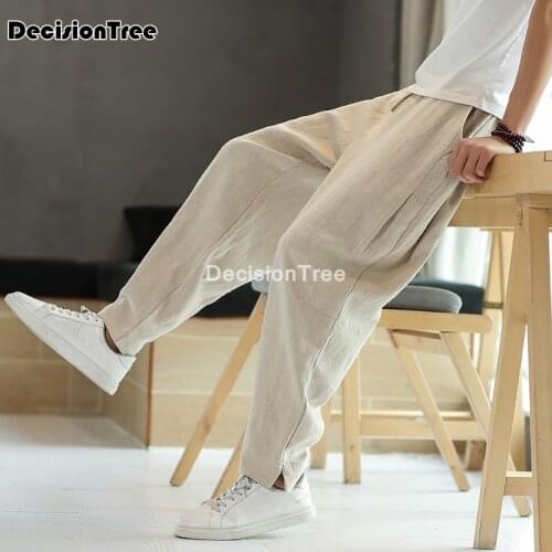 2021 mens wild crotch harem pants baggy pure cotton trousers plus male wild leg loose pants waist loose long cotton linen pants