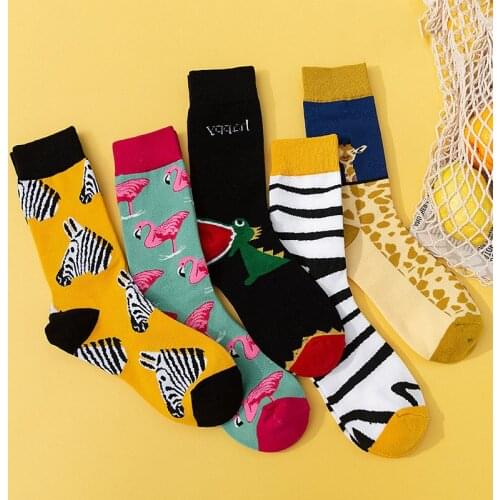 Zebra Flamingo Giraffe Dinosaur Animal Socks Streetwear Funny Cartoon Pattern Novelty Cotton Warm Short Happy Women Men Socks