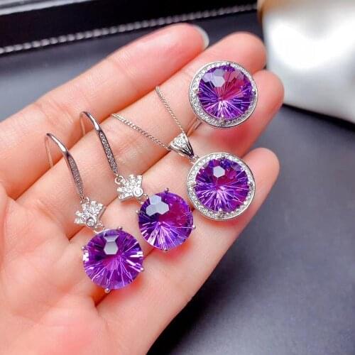 New Fashion Natural And Real Amethyst Jewelry set 925 sterling silver 1pc Ring,1pc Pendant,2pcs Earring
