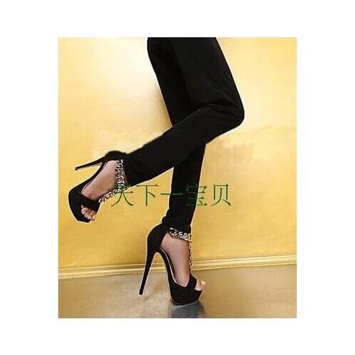 Newest Fashionable Black Sexy Metal Chains Decoration Concise Comfortable Peep Toe Sky-High Platform Heels