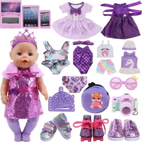 Doll Clothes Purple Series Dsiney Mermaid Dress Shoes For 18 Inch American&43CM Reborn Baby New Born Doll ,Girls Russia Toy DIY