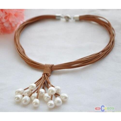 Wholesale 15row 17" 13mm white rice pearl coffee leather grape necklace