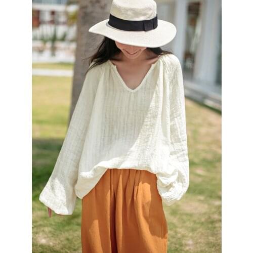 21 spring summer mechanism linen personalized shirt Lantern Sleeve lazy loose slim casual Pullover 2021057