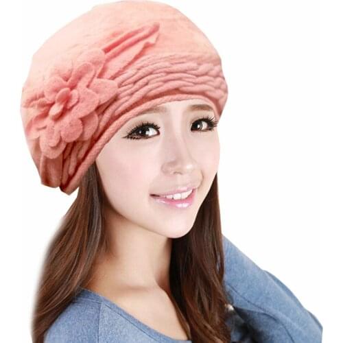 Hat Womens warm hat in autumn and winter two piece womens wool hatrabbit hair middle-aged and old womens hat flower Beret