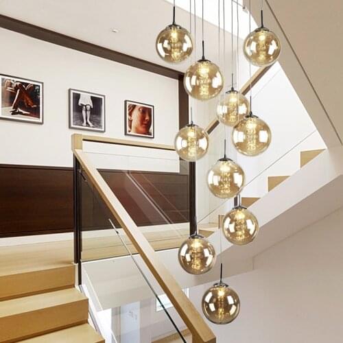 Nordic glass ball Pendant lights for Staircase black ball lamp spiral pendant lamp G4 stair led lustre hotel stairwell lamparas