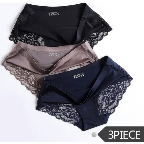 3Pcs/lot Sexy Lace Womens Panties Sets Hollow Out Underwear Seamless Ice Silk Sports Briefs Cotton Crotch Underpants Lady Solid