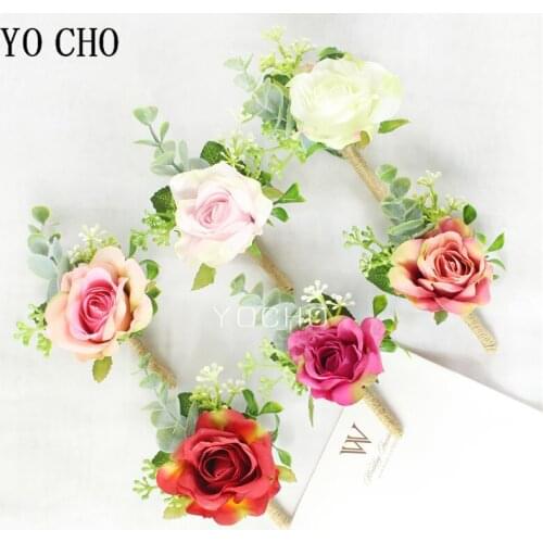 YO CHO Artificial Silk Rose Flower Boutonniere Wedding Girl Bracelet Wrist Corsage Groom Brooch Pins Party Prom Pink Boutonniere