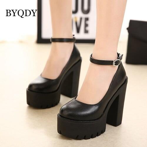 BYQDY Ankle Strap Woman Pumps Chunky Heels Platform Round Toe Ladies Shoes Plus 41-42 Party Office Pumps Block Heels Spring New