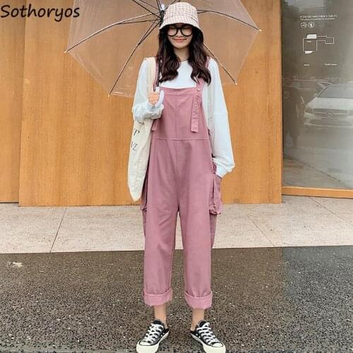 Women Solid Jumpsuits Harajuku Sweet Kawaii Overalls Trendy Loose Casual Safari Style Students Tender Temperament All-match Chic