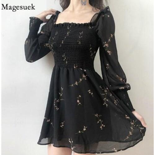 New Vintage Print Floral Black Summer Dress Women Slash Neck Sexy Chiffon Dress Party Puff Sleeve Casual Dresses Vestidos 13676
