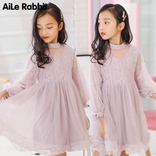 2019 Autumn New Girls Dress Princess Long-sleeved Dress Vestido Purple Fairy Dresses Wedding Flower Girl Costumes
