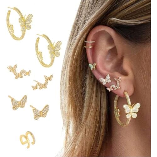 2020 Summer New Collection Full Rhinestone Gold Butterfly Hoop Earrings For Women Small Butterfly Charm Hoop Earrings Jewelry