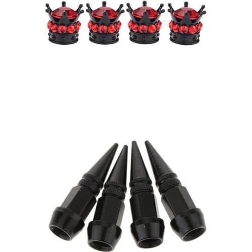 8Pcs Spike+ Crown Bling Rhinestone Tire Tyre Stem Valve Caps Truck Red+Black