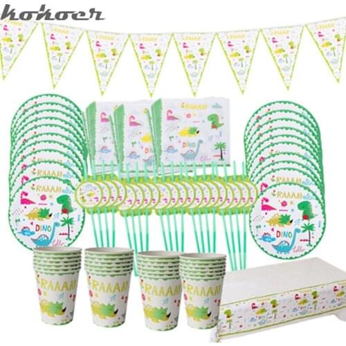 91pcs/lot Dinosaur Theme Tableware Set Birthday Party Napkins Flags Baby Shower Tablecloth Plates Cups Decoration Boys Favors