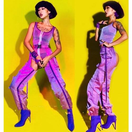 Purple Bodysuit Pants Sets Stage Costume Nightclub Bar DJ Female Singer GoGo Dancer Outfits Jazz Dance Performance Wear DWY3323