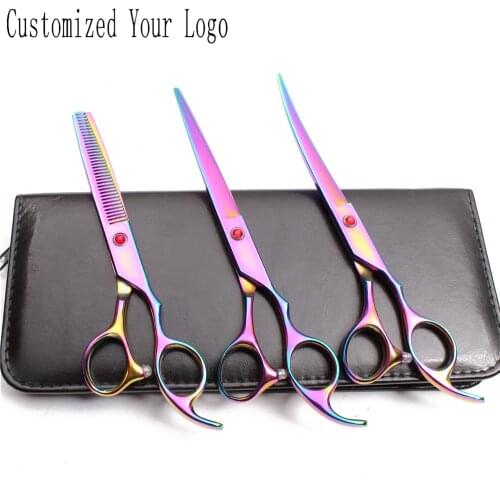 7" Customize Logo Colorful Grooming Scissors Cutting Scissors Thinning Shears Dog Curved Scissors Professional Pets Shears C3003