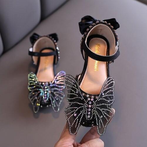 2021 Summer New Korean Rhinestone Net Yarn Bow Kids Soft Bottom Girls Princess Shoes Children Sandals Fashion Student Flat Shoes