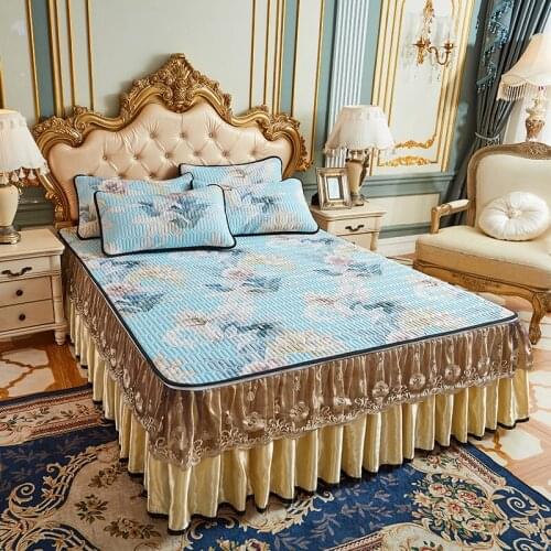European Summer Cool Latex Bed Sheet Lace Printed Bedspread with Drop Bedskirt Zipper King Queen Double Bed with 2 Pillow Cases