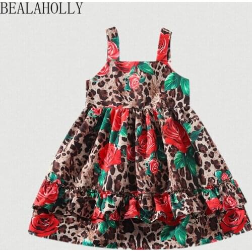 Summer New Baby Girl Cotton Leopard Rose Printed Belt Princess Dress Floral A-line Girls Dress Holiday Style Girls Fashion
