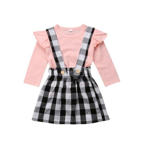 2pcs Set Baby Gril Clothing Set Solid Infant Cute Child Girl Sweet Lattice T Shirt Straps Skirt Dress Clothes 0-5 Years