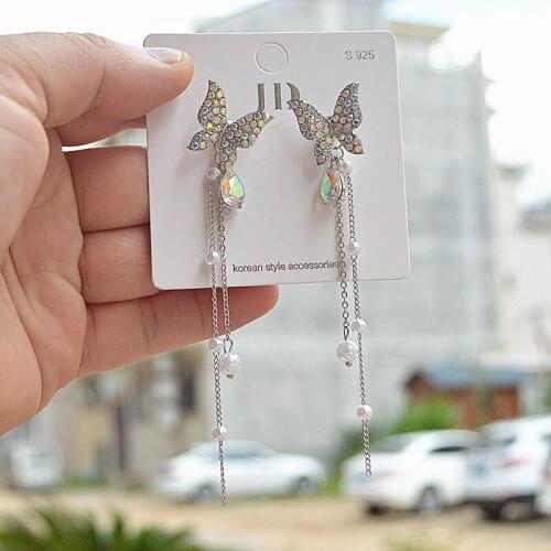 S925 Korean Pearl Earrings Womens Jewelry Fashion Two-wear Type Exquisite Super Fairy Long Tassel Butterfly Earrings Earring